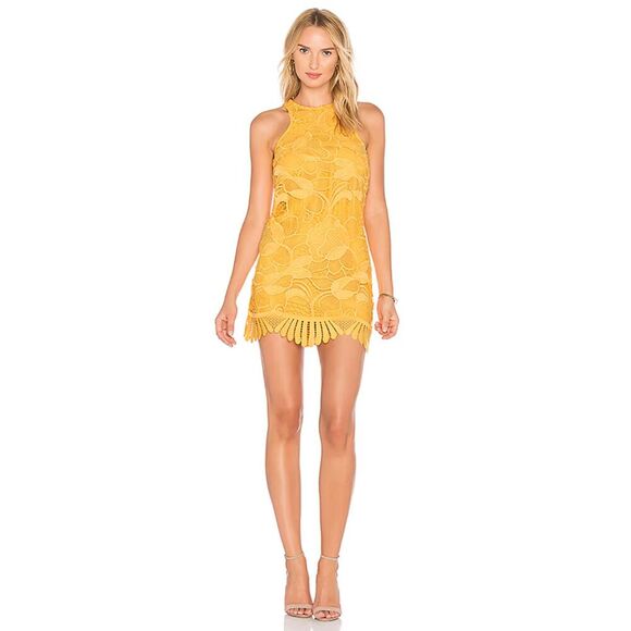 LOVERS + FRIENDS Yellow Marigold Floral Lace Scalloped Caspian Mini Dress Medium - Picture 1 of 10